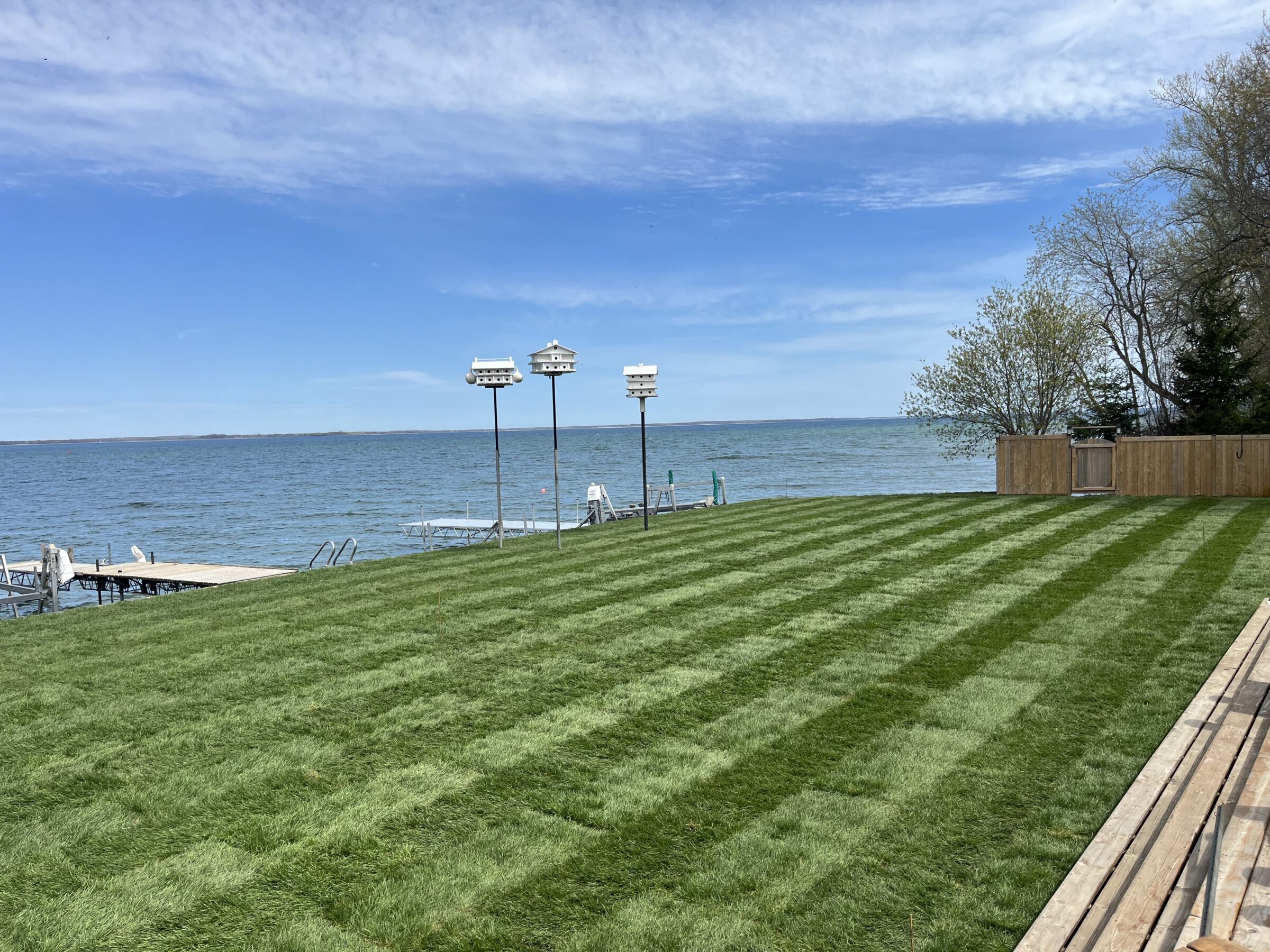 A striped lawn leads to a lakeside view with docks, birdhouses, and trees under a partly cloudy sky.