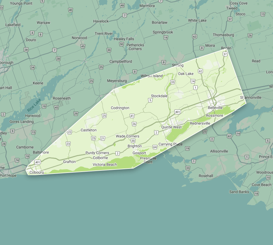 A detailed map highlighting locations in Canada: Belleville, Quinte West, and Cobourg, with notable highways including 401, surrounded by municipalities and regional boundaries.